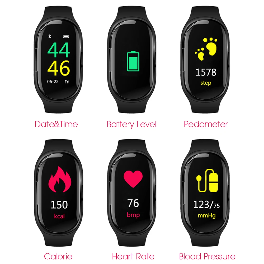 TWS Wireless Earbuds with Smart Wristband Heart Rate Blood Pressure Monitor Sports Watch