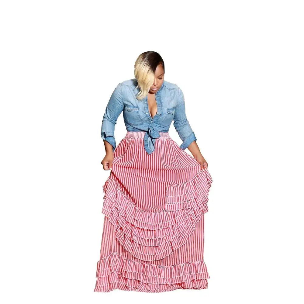 New design sexy elegant skirts women sexy high waist striped print ruffles maxi skirt women skirt femme LN9158