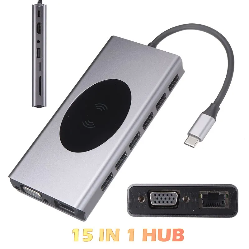

Portable 15-In-1 Type-C Laptop Docking Station Adapter High Speed USB 3.0 5Gbps HDMI-compatible VGA PD USB Hub