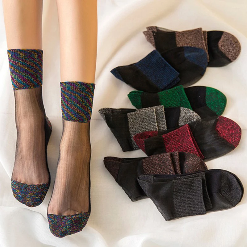 Летние женские носки, блестящие длинные носки, ультратонкие прозрачные сетчатые Блестящие Ретро носки с кристаллами, Нейлоновые женские носки Meias