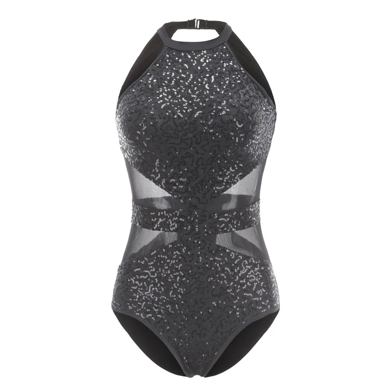 

Sequins Mesh Splice Body Suit for Dance Ballet Dance Clothes Red Sliver Black Gymnastics Practice