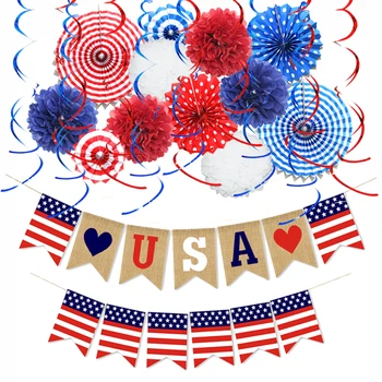 

1set American Independence Day Hanging Paper Fan Decor USA Banner Red Blue Balloon Birthday Party Wedding Home Decoration
