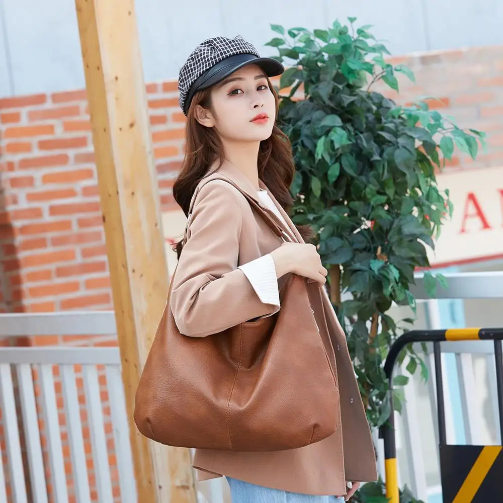 

Fashion Pu Soft Leather Handbag Large Capacity Solid Color Bucket Bag 2021 Simple Designer Luxury Shoulder Bag Girls Schoolbag