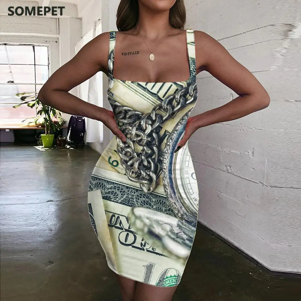 

SOMEPET Dollar Dresses Women Money Halter Sleeveless Clock Ladies Dresses Harajuku Bodycon Dress Womens Clothing Club New Boho