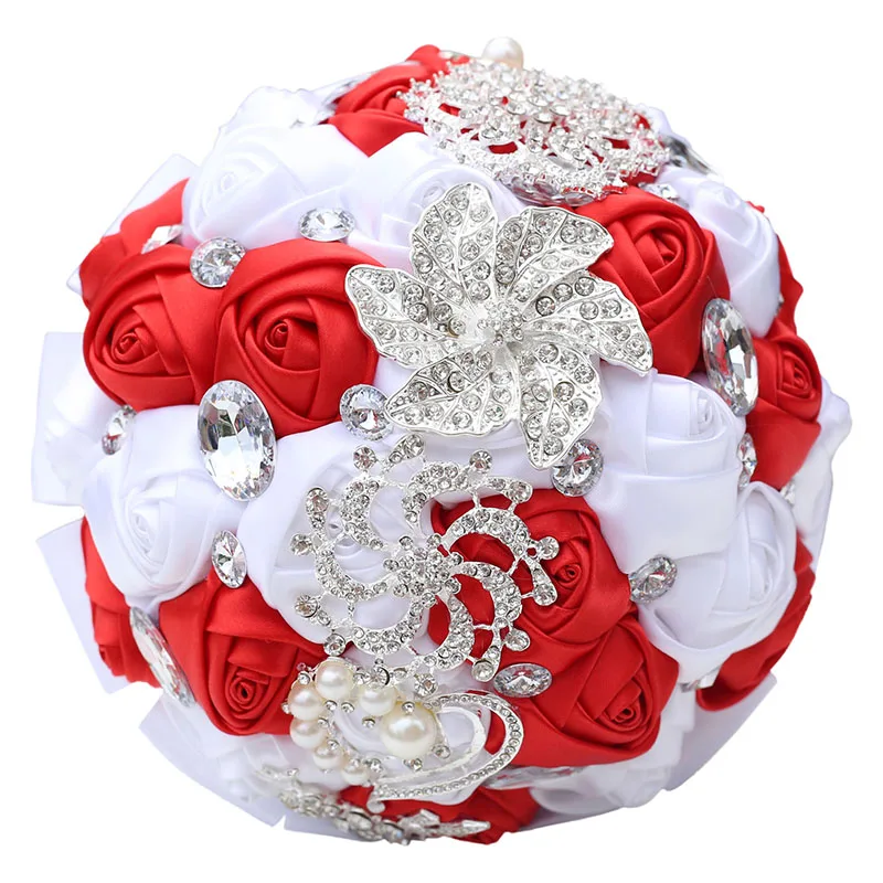 

Wedding Bouquet Artificial Rose Posy with Satin Rhinestone Throw Bouquet Bride Holding Flowers XH8Z