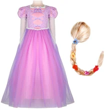 Платье принцессы для девочек в стиле Рапунцель детский шифоновый костюм с длинными рукавами детское платье для костюмированной вечеринки с париком на день рождения