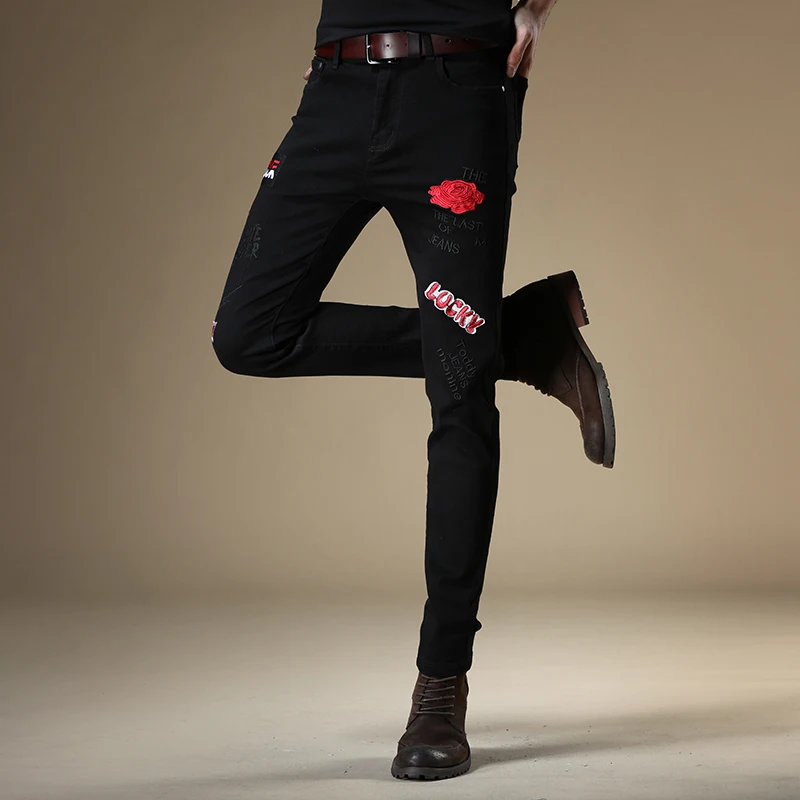 Men Jeans Fashion Rose Embroidery Black Denim Streetwear Straight Pencil Pants