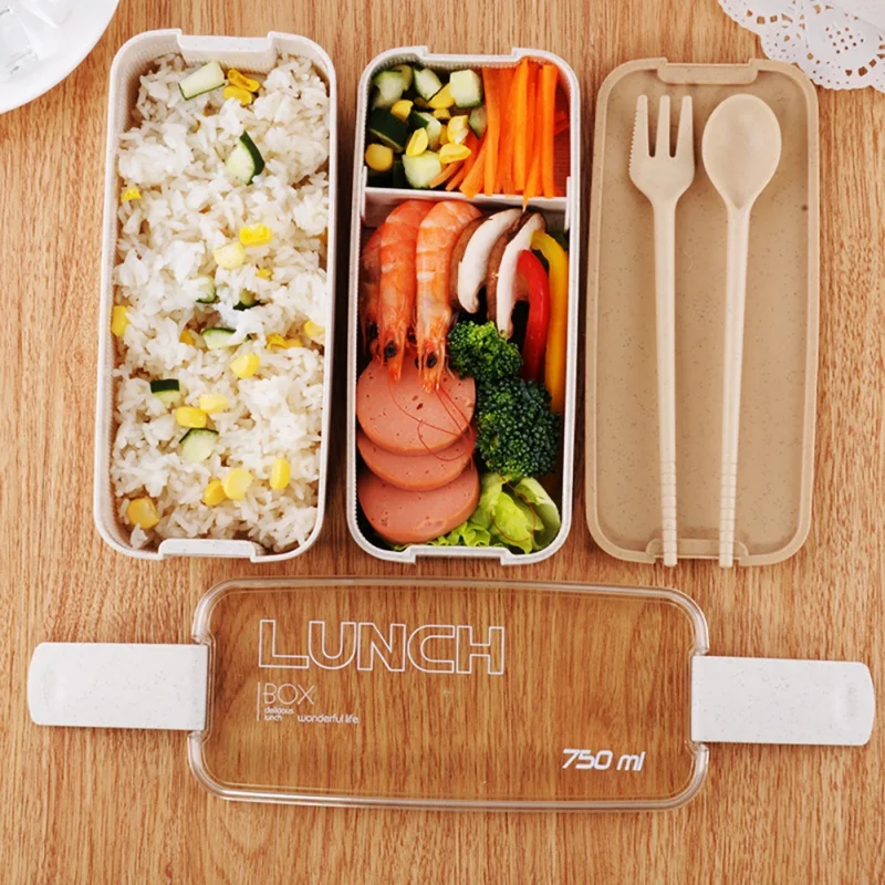 Portable Square Lunch Box Concise Double Layer Plastic Lunch BoxWith Folk Spoon Microwave Pink Green Lunch Box
