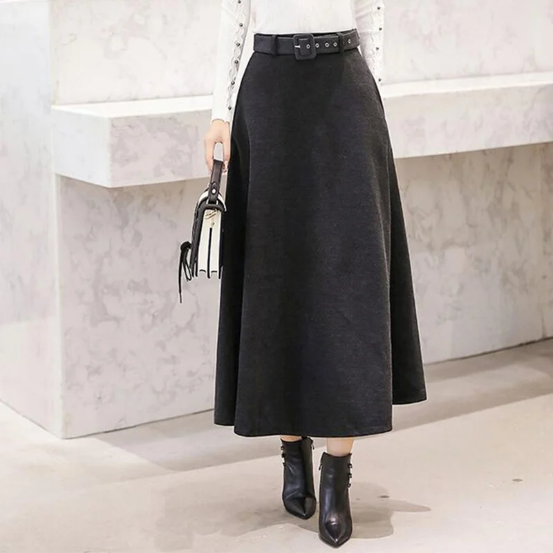 gray Autumn Winter Women's Woolen Maxi Skirts With Belt Pockets Vintage Wool Skirt Ladies Fashion Casual Khaki Streetwear Female - Color: gray