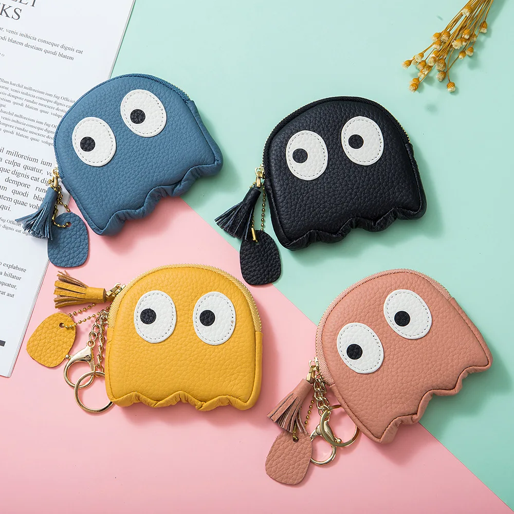 A3008 Top Layer Cow Leather Soft Comfortable Fashion Girls Coins Purse Cute Ghost Design Small Items Cowhide Lovely Handy Bag