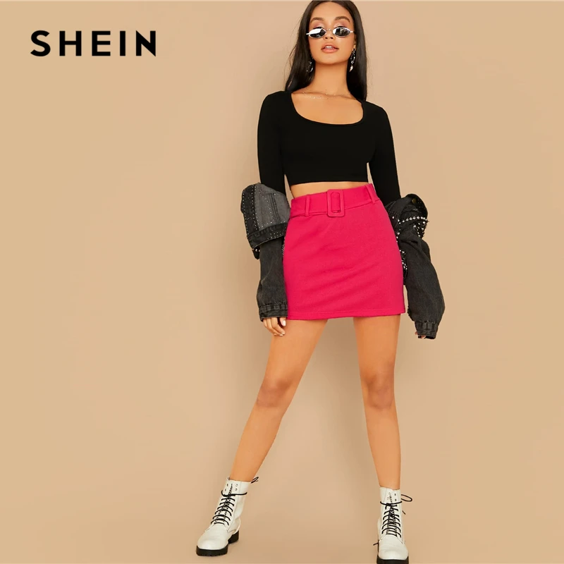 SHEIN черная пряжка с поясом однотонные юбки женские осенние Однотонные эластичные Высокая талия элегантная мини-юбка трапециевидной формы