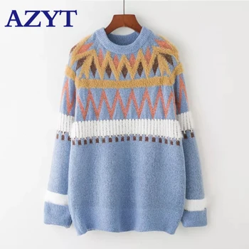 

2020 New O neck Geometric Pullover Jumpers cashmere sweater Woman Loose Sweater Pullovers Long Sleeve Oversized Knitted Jumpers