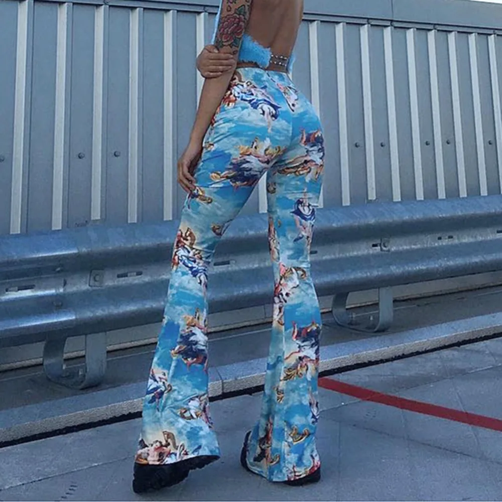 

Angel Print Boot Cut Pants Women Streetwear Blue Spring Autumn Vintage Slim Sexy High Waist Flared Trousers 2019 hot sale