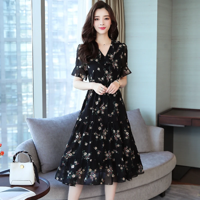 Floral Print Ruffle Party Summer Chiffon Midi Women Dress Plus Size Lady Vintage Elegant Runway 2020 Vestido Long Korean Style