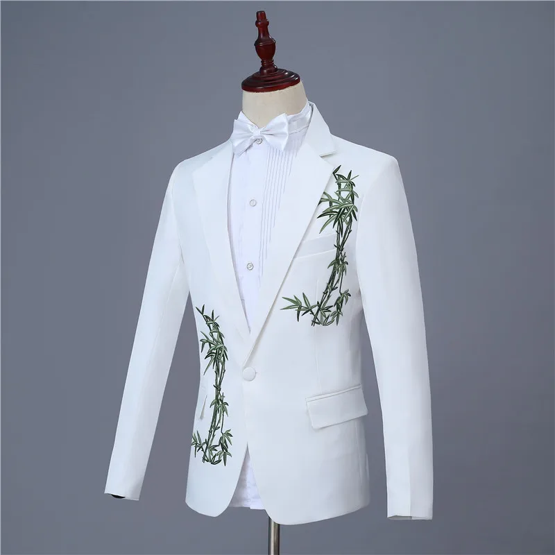 Fashion men's suit set(jacket+pant) wedding prom party costume slim casual flat collar lapel bamboo print white business suit