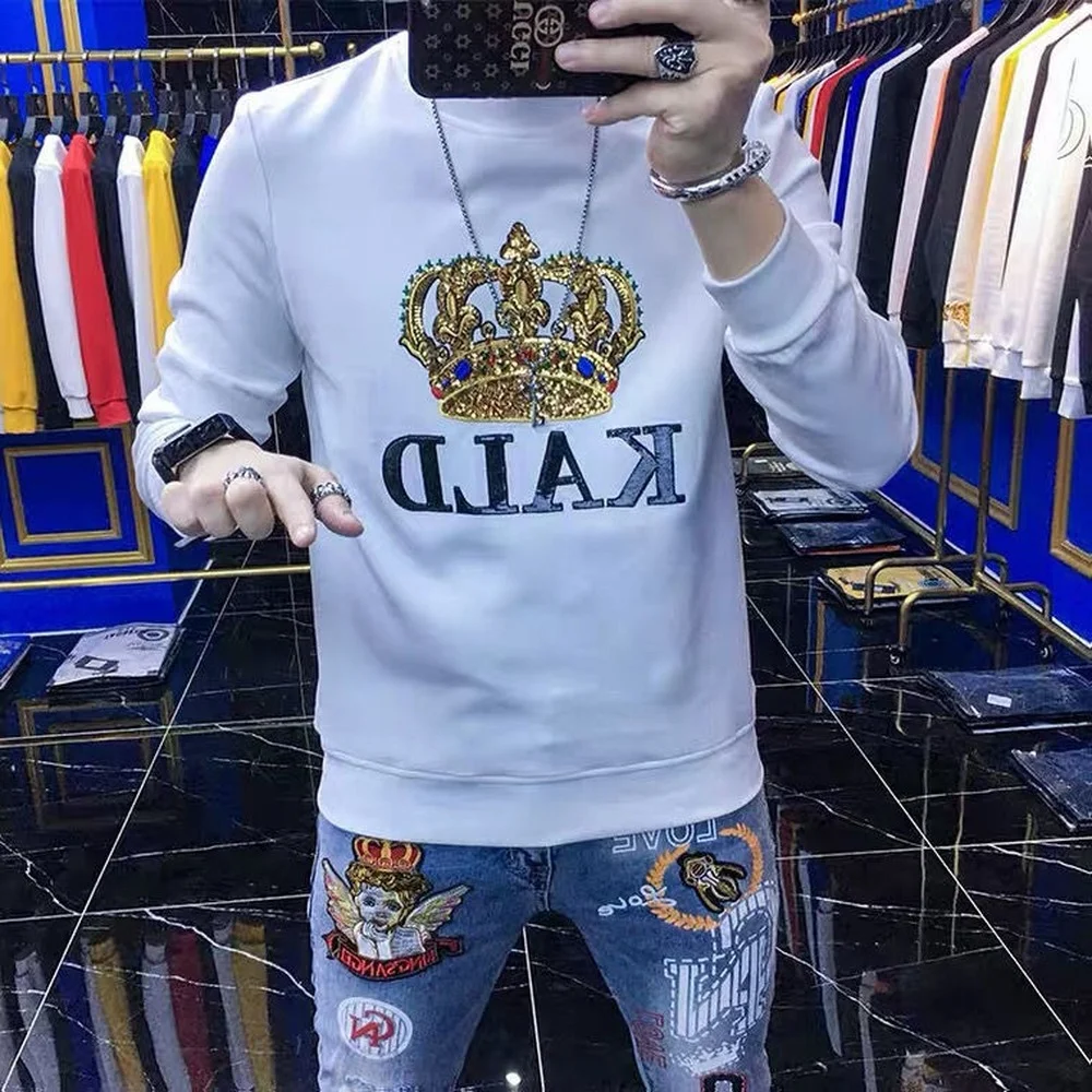 

Embroidery Sequined Black Men's Long-sleeved T-shirt,Autumn/winter Sweater Round Neck Long-sleeved Bottoming Shirt Men Clothing