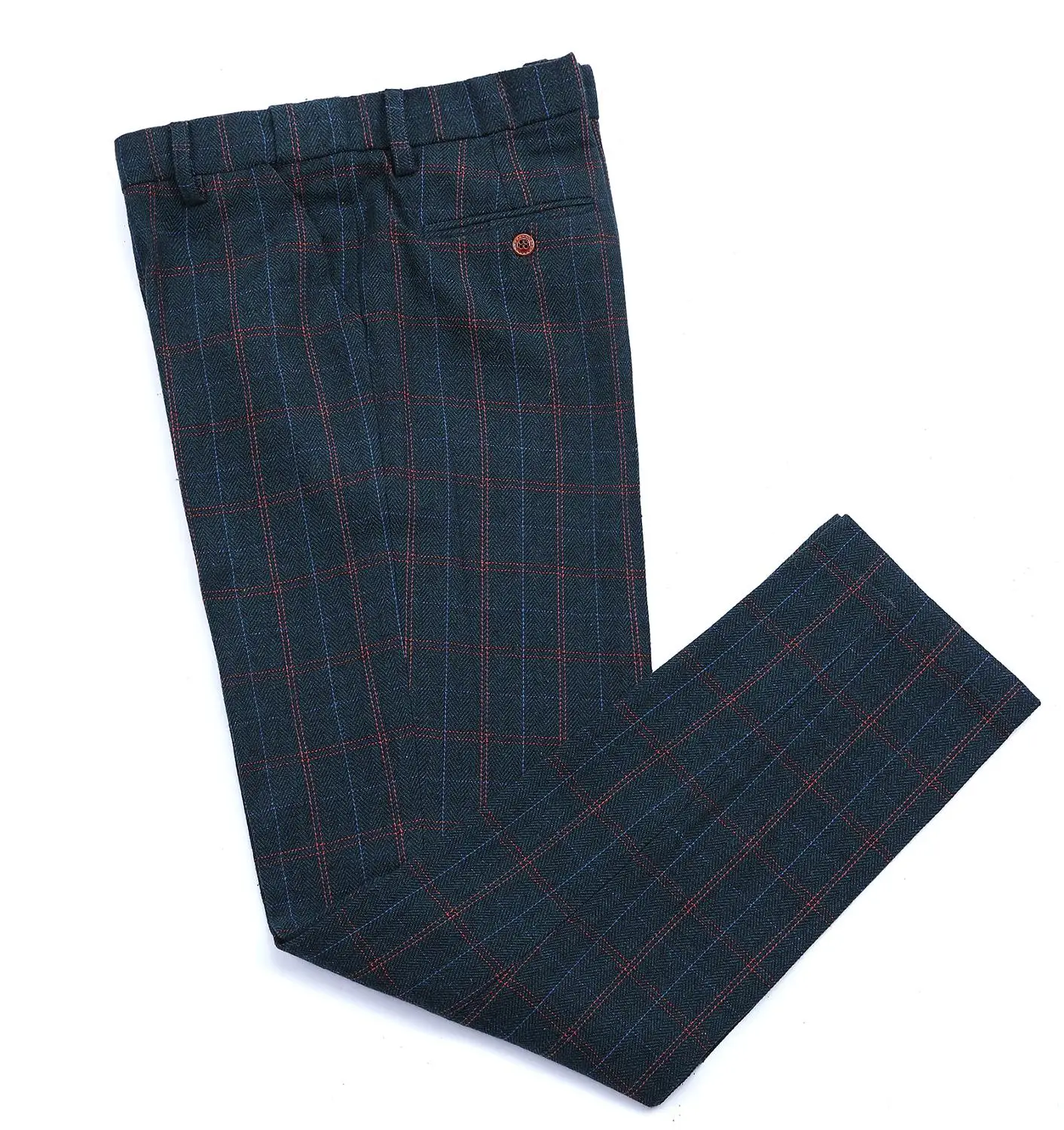 Men's Herringbone Pants Plaid Suits Trousers Wool Tweed Suits Pants With Hidden Expandable Waist For Wedding 4