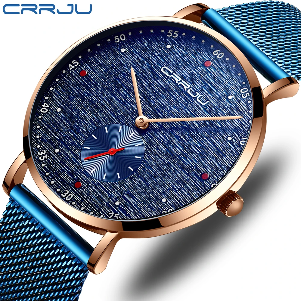Kopen CRRJU Mannen Horloge Mode Eenvoudige Ultra dunne Roestvrij Stalen Mesh Band Quartz Horloge Casual Waterdichte Mannelijke Klok Cadeau voor Mannen