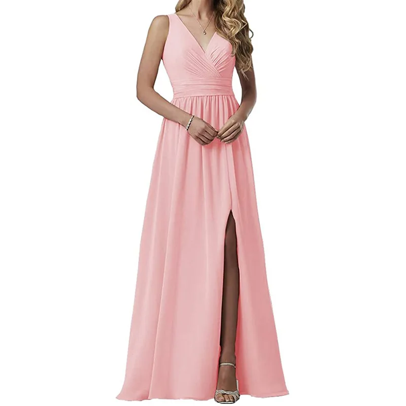 

Elegant Party Dresses Women A-Line V-neck Side Split vestidos para casamento convidados longos