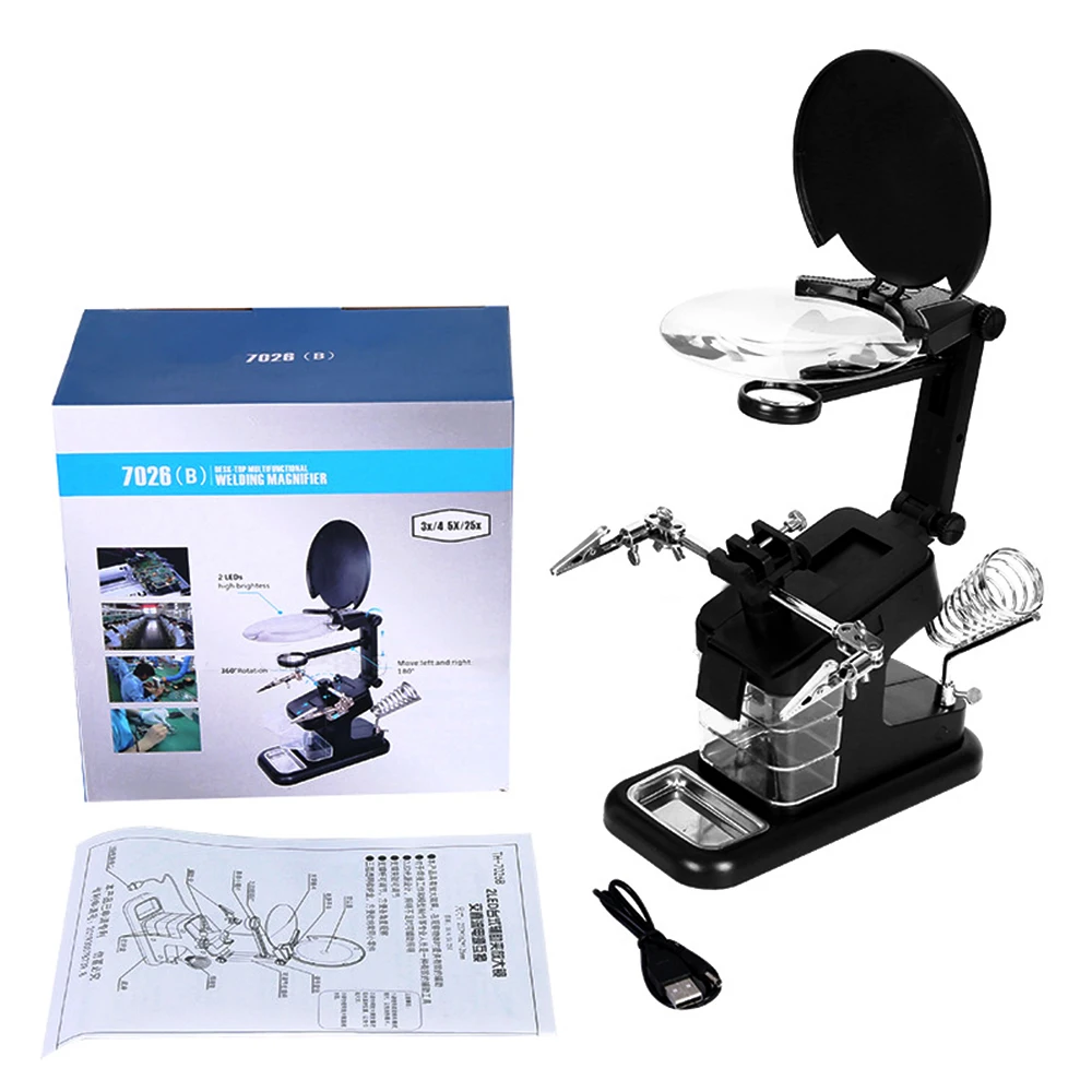 Soldering Iron Welding Magnifying Glass 2 LED 3X 4.5X 25X Helping Hand Rework Magnifier with 3 Tools Boxes Desk Station Repair