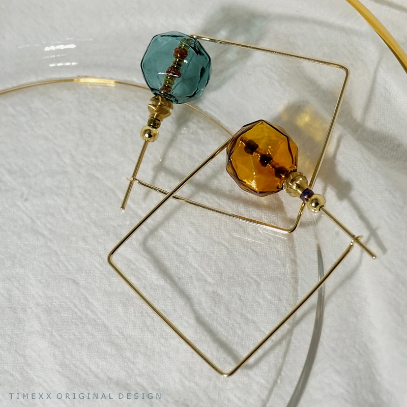 HUANZHI простой ручной работы стеклянный шар прозрачный пузырьковый цвет бисер Геометрические Квадратные серьги-кольца для женщин вечерние ювелирные изделия