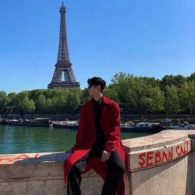 Новая стильная красная ветровка Мужское пальто средней длины с прозрачным поясом на талии в южнокорейском