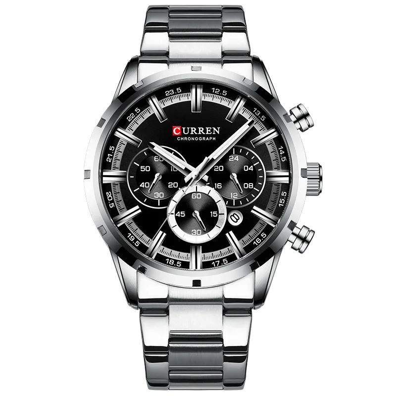 silver black Новинка CURREN, модные мужские часы из нержавеющей стали, Топ бренд, роскошные спортивные кварцевые часы с хронографом, мужские часы - Цвет: silver black