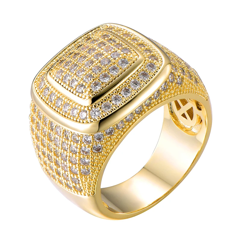 Iced Out Bling полное CZ Очарование Tready квадратное медное циркониевое кольцо для мужчин и женщин хип-хоп ювелирные изделия золото серебро Размер 8-11