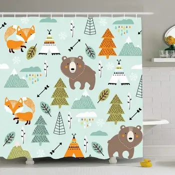 

Shower Curtain Set with Hooks 60x72 Pattern White Hand House Face Reykjavik Baby Decor Kid Mountain Animals Fox Bear Wildlife