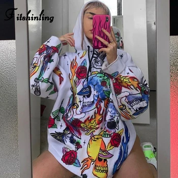 

Fitshinling Harajuku Streetwear Print Women's Hoodies Funny Skull BF Style Polerones Mujer 2019 Winter Hooded Sweatshirt Female