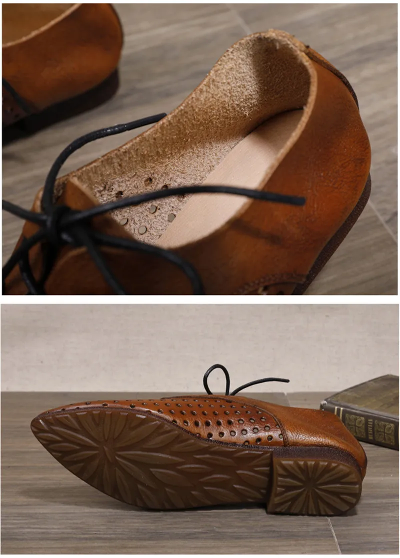 Spring Summer 2020 New Lace-Up Hole Women Flat Oxfords Shoes Vintage Genuine Leather Casual Cut-Outs Single Ladies Shoes Flats  (15)