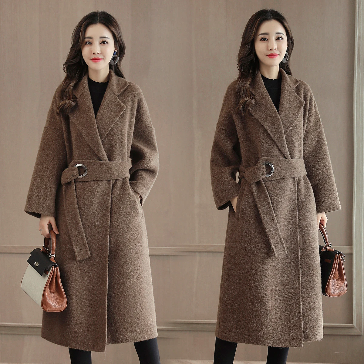 2020 Winter Office Lady Belt Women Long Winter Wool Blend Coat Turn-down Collar Wool Coat And Jacket Loose Solid Outerwear waterproof puffer coat