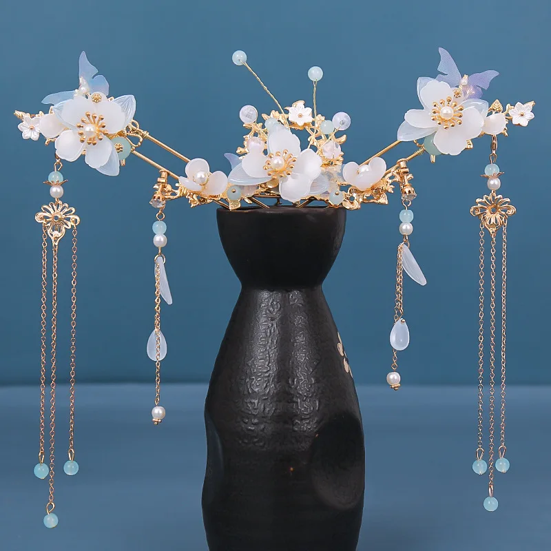 Hair accessory Chinese Hanfu long fringed vintage hairpins flower handmade hair sticks women traditional retro jewelry set