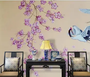 

AINYOOUSEM Hand painted fairy crane cherry blossom background wall papier peint papel de parede wallpaper 3d wallpaper stickers