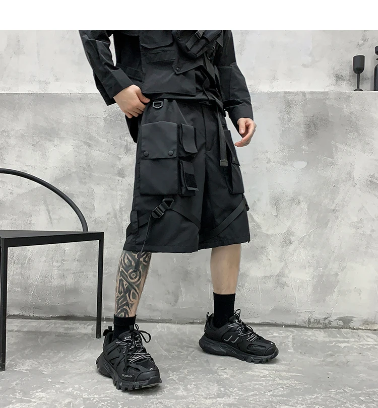 smart casual shorts mens Hip Hop Summer Shorts Men 2022 Black Ribbons Streetwear Bermuda Man Shorts Multi-pocket Punk Casual Knee Length Short Pants Men smart casual shorts