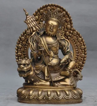 

11" tibet buddhism bronze Yellow Jambhala wealth God ride lion statue