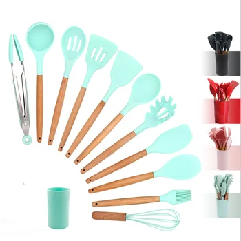 

12/10 / 9PCS Silicone Kitchen Tools Cooking Soup Spatula Spoon Set Cake Scraper Non-stick Pan Wooden Handle Storage Box Barrel