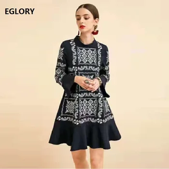 

Vintage Retro Dress 2019 Autumn High Quality Women Stand Neck Exquisite Embroidery Flare Sleeve Ruffle Sexy Party Mini Dress