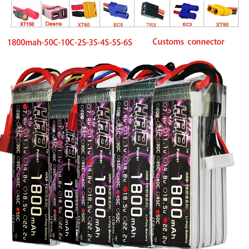 HRB RC Lipo Батарея 3,7 V 7,4 V 11,1 V 14,8 V 18,5 V 22,2 V 1S 2 3S 4S 5S 6S 1800 мА/ч, 50C 100C для вертолета Trex 450 самолет лодка