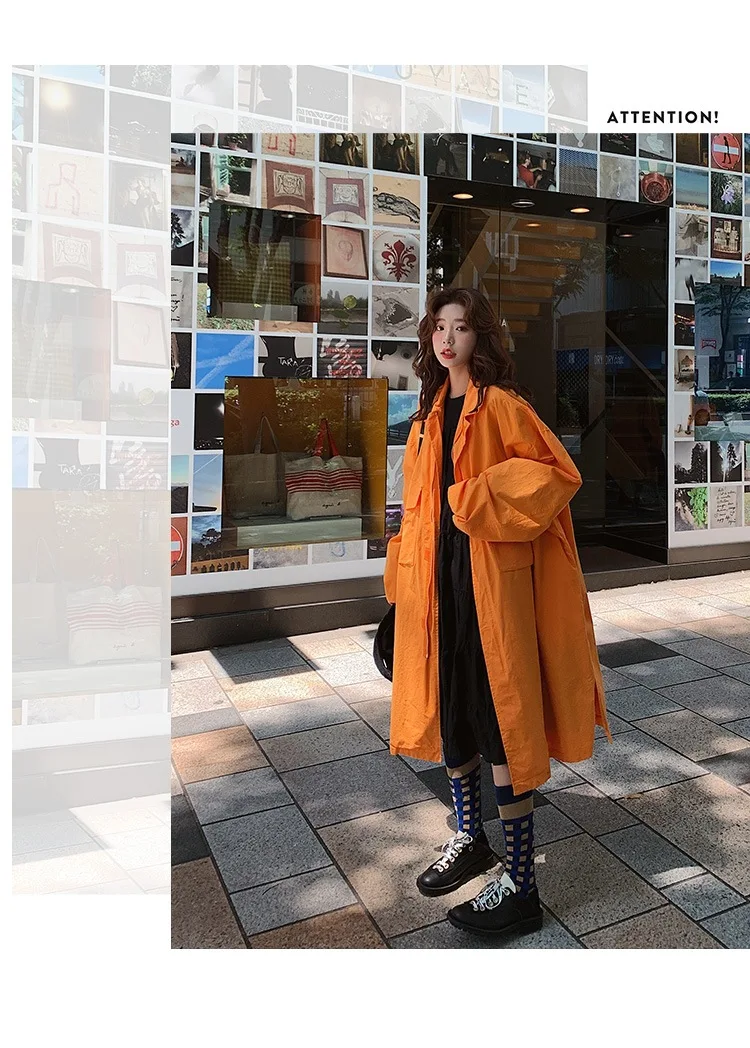 Одежда для фотосессии в стиле «Harajuku» с оранжевым отложным воротником и большим карманом, пальто-Тренч выше колена