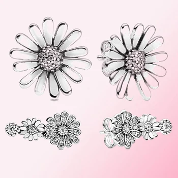 

2020 Spring New 100% 925 Sterling Silver Sparkling Daisy Flower Trio Statement Stud Earrings DIY Women's Charm Fashion Jewelry
