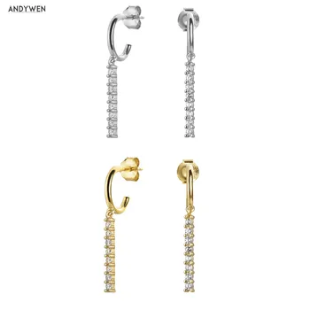 

ANDYWEN 925 Sterling Silver Line Long Chain Drop Earring Women Crystal Women Luxury Piercing Ohrringe CZ Crystal Jewelry