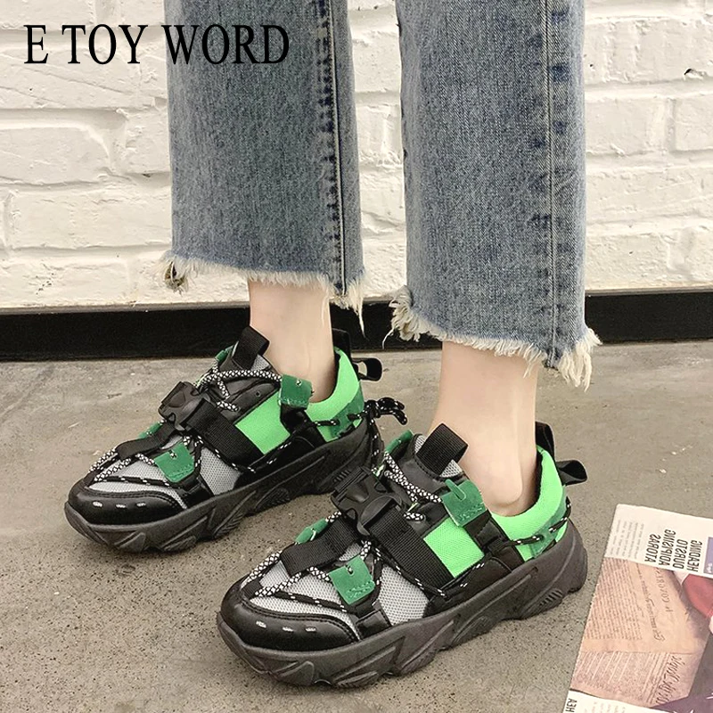 

E TOY WORD Black thick bottom daddy shoes women 2020 autumn new Korean wild lace up casual comfortable sneakers women spring