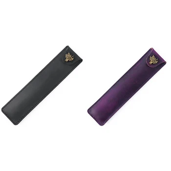 

HOT-2x Genuine Leather Pen Pouch Single Pencil Bag with Snap Button for Rollerball Fountain Ballpoint Pen-Black & Purple