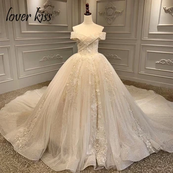 شراءعاشق قبلة Vestido دي Noiva الفاخرة قبالة الكتف فساتين الزفاف الشمبانيا الحقيقي صور الأميرة العروس الكرة ثوب رداء دي Mariee