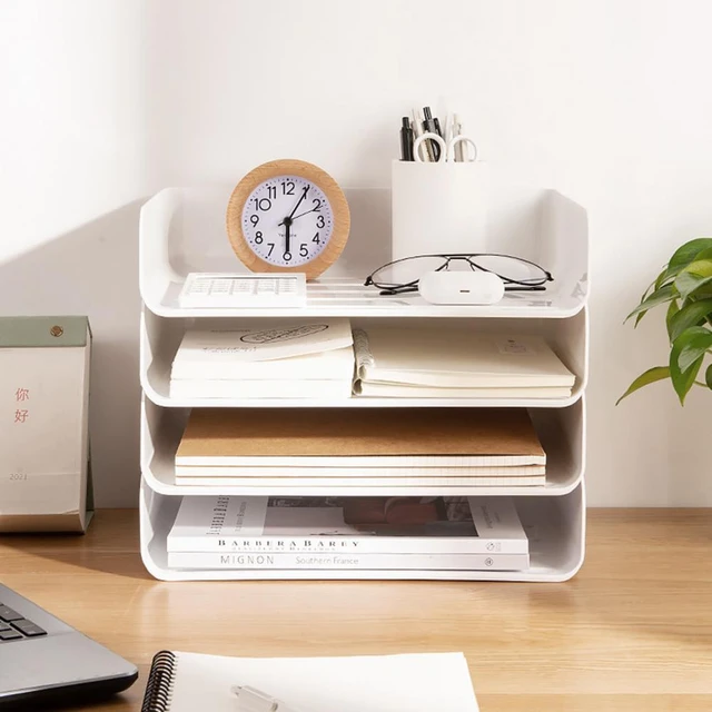 Organizador de papel de escritorio con 5 bandejas con cajón y soportes para  bolígrafos, bandeja de papel para cartas, organizador de escritorio