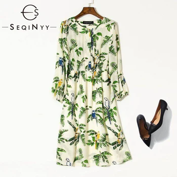 

SEQINYY Holiday Silk Dress 2020 Summer Spring New Fashion Design Women 100% Silk Palm Tree Bird Print Beige Straight Dress Knee