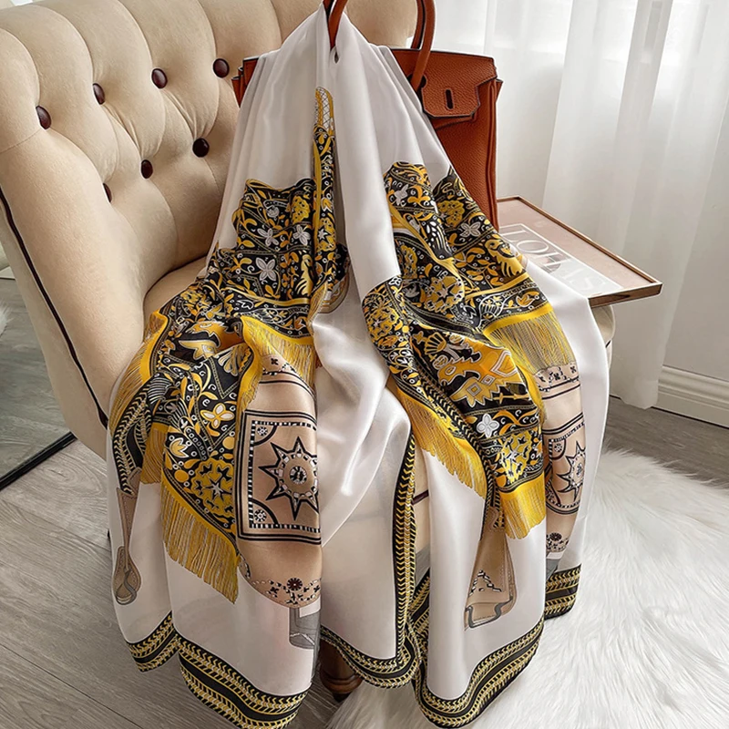 180X90CM Satin Shawls Autumn Colour Print Bandanna Korean Style Dustproof Silk Scarves Popular Sunscreen Beach Towel foulard 4
