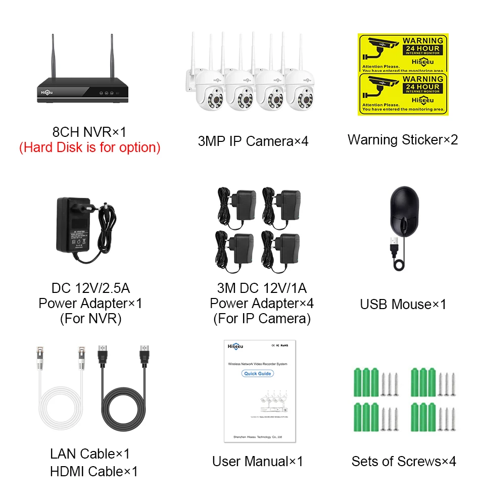 Hiseeu 8CH Wireless CCTV System 1536P 1080P NVR wifi Outdoor 3MP AI IP Camera Security System Video Surveillance LCD monitor Kit