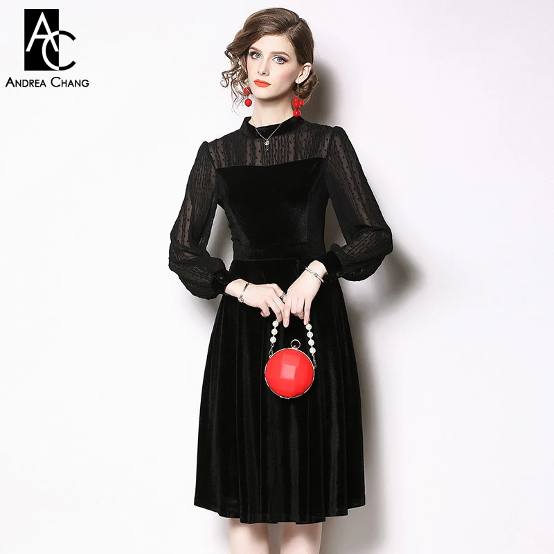 

S-XXL spring autumn woman dress transparent strip pattern shoulder sleeve black velvet dress ball gown vintage over knee dress
